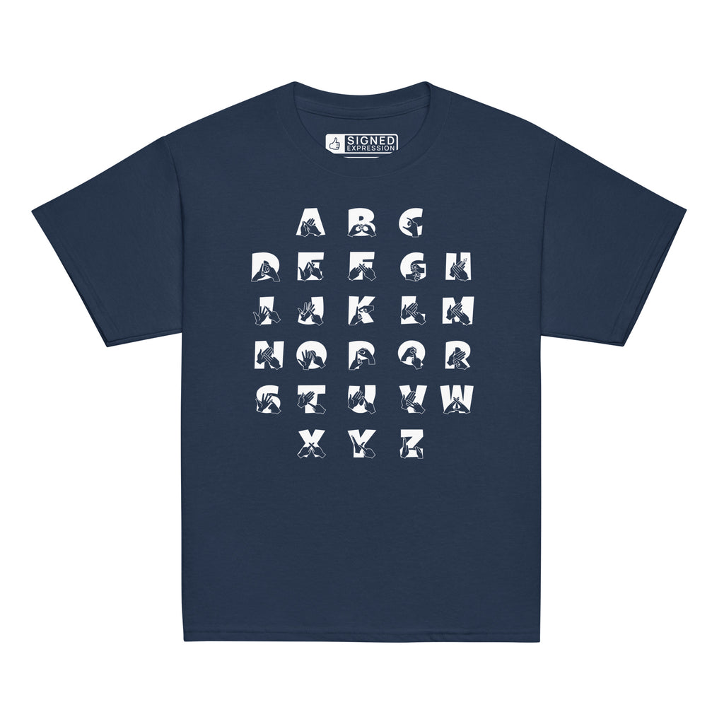 Front view of a navy t-shirt with BSL Alphabet - White Fingerspelling & Text