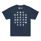 Front view of a navy t-shirt with BSL Alphabet - White Fingerspelling & Text