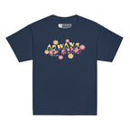 Front view of a navy T-shirt featuring the phrase 'Always Be Kind' in a combination of BSL fingerspelling and text, accented with a delicate floral design.