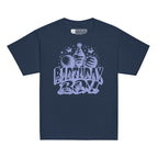 Navy kids' t-shirt with "Birthday Boy" in bold letters featuring British Sign Language fingerspelling, with blue balloons, stars, and a party hat above.