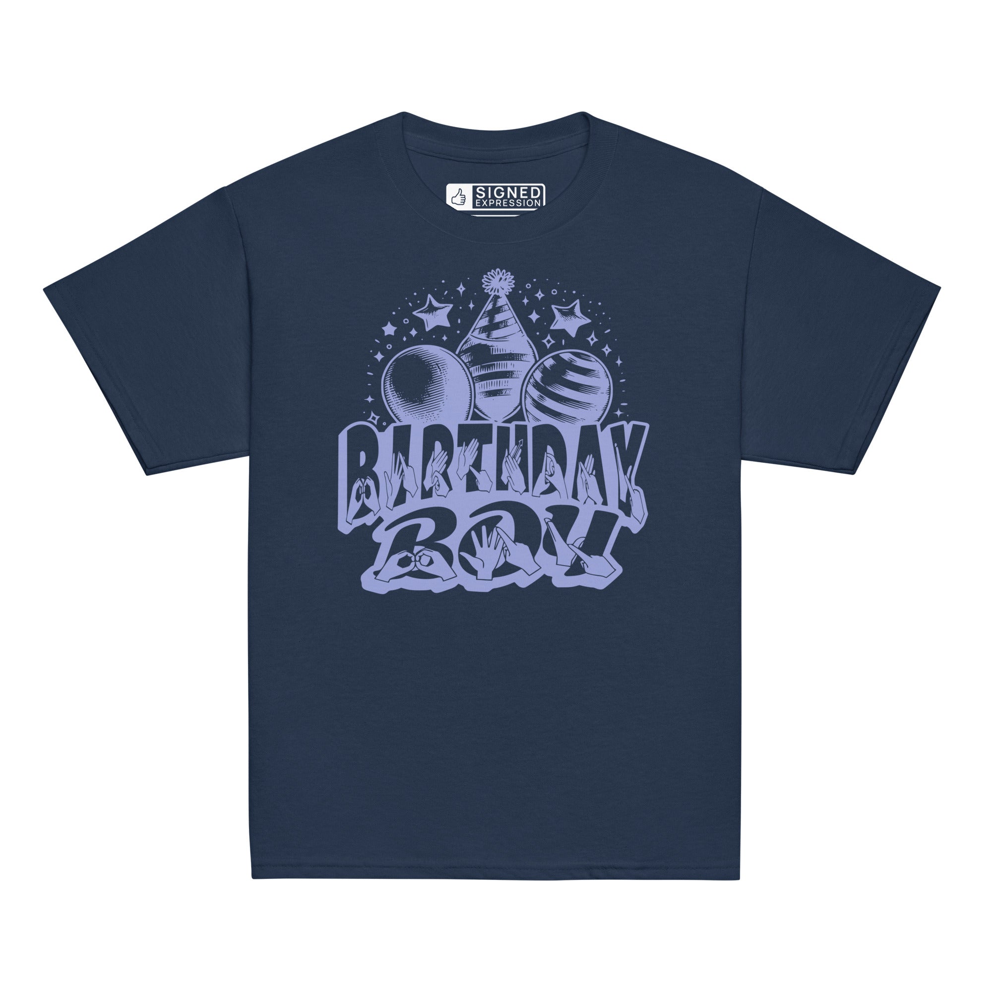 Navy kids' t-shirt with "Birthday Boy" in bold letters featuring British Sign Language fingerspelling, with blue balloons, stars, and a party hat above.