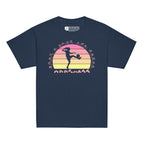 Navy t-shirt with the phrase "Just a Girl Who Loves Football" in BSL Fingerspelling featuring a colourful retro sunset and a silhouette of a boy kicking a football.