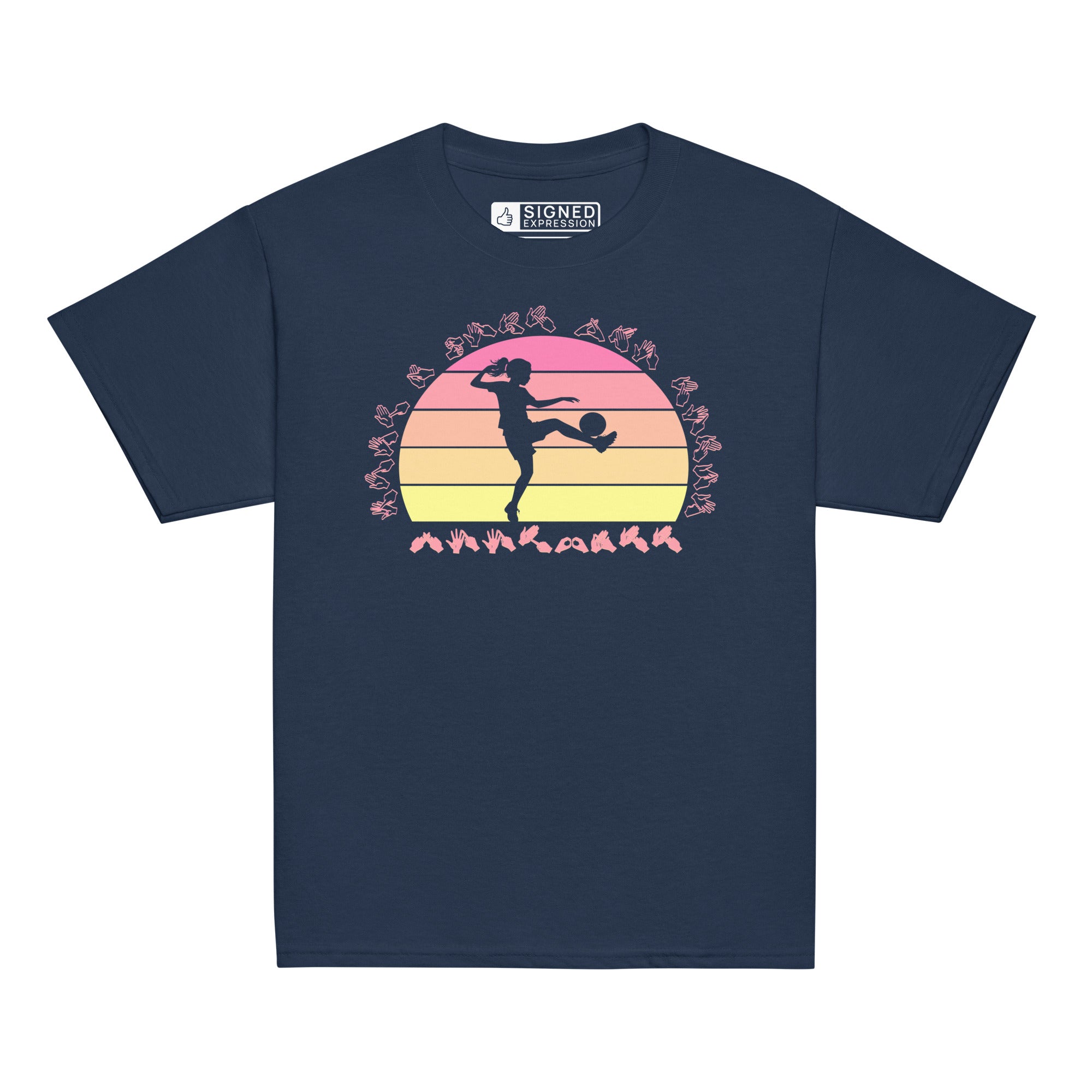 Navy t-shirt with the phrase "Just a Girl Who Loves Football" in BSL Fingerspelling featuring a colourful retro sunset and a silhouette of a boy kicking a football.