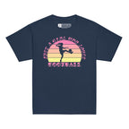 Navy t-shirt with the phrase "Just a Girl Who Loves Football" in BSL Fingerspelling and text featuring a colourful retro sunset and a silhouette of a boy kicking a football.