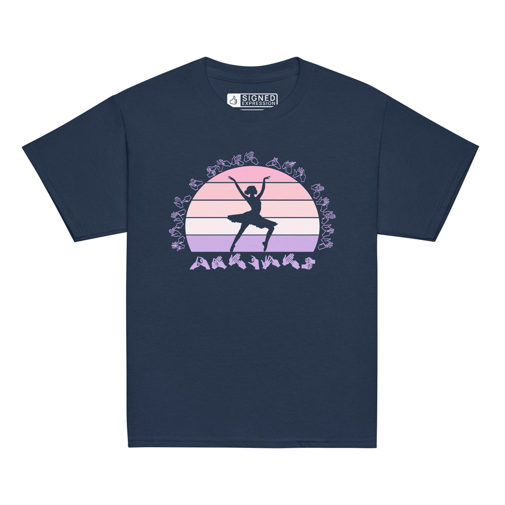 Navy t-shirt with the phrase "Just a Girl Who Loves Dancing" above a colourful retro sunset and a silhouette of a girl dancing in the centre