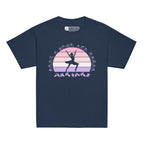 Navy t-shirt with the phrase "Just a Girl Who Loves Dancing" above a colourful retro sunset and a silhouette of a girl dancing in the centre