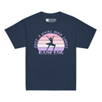 Navy t-shirt with the phrase "Just a Girl Who Loves Dancing" above a colourful retro sunset and a silhouette of a girl dancing in the centre