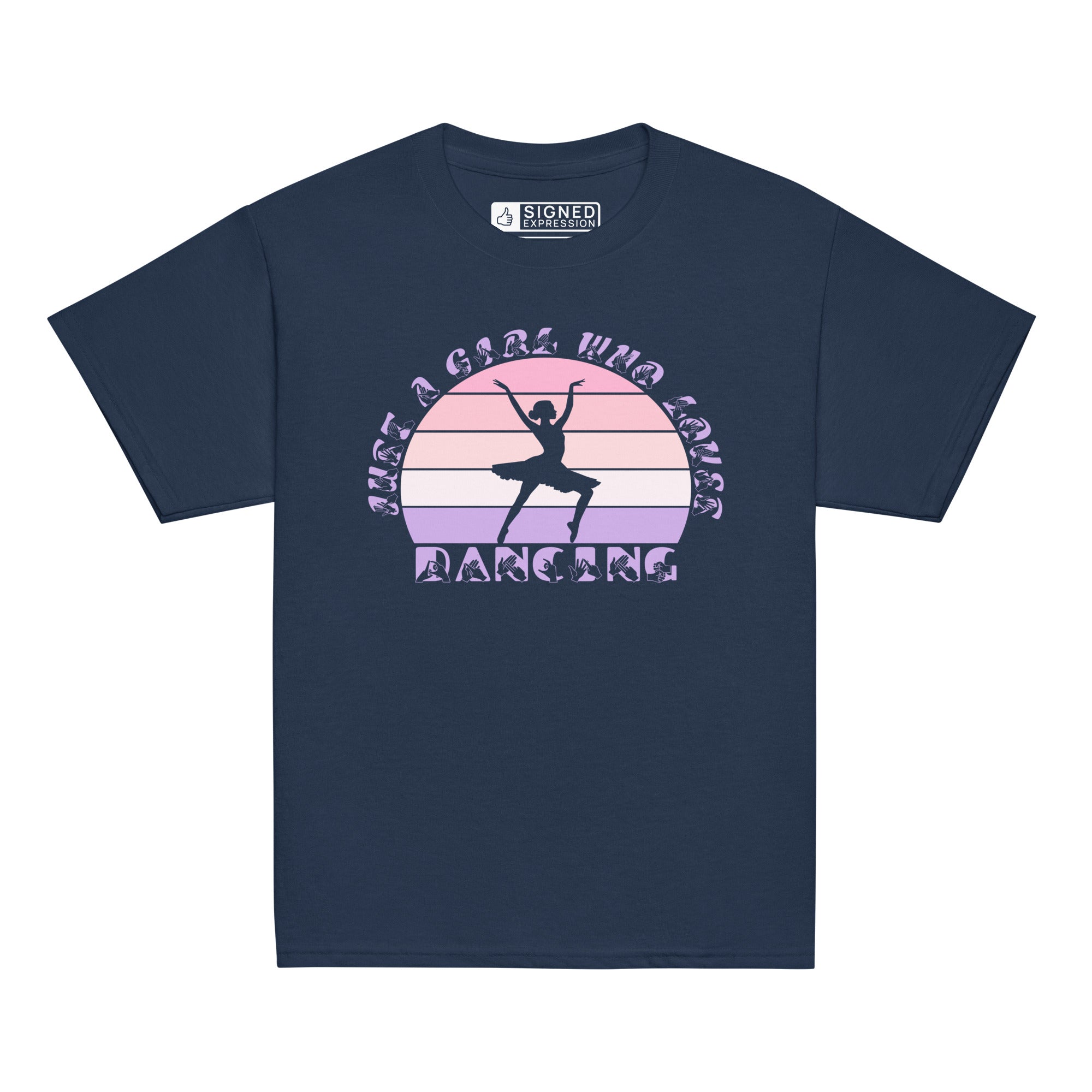 Navy t-shirt with the phrase "Just a Girl Who Loves Dancing" above a colourful retro sunset and a silhouette of a girl dancing in the centre