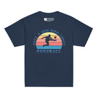 Navy t-shirt with the phrase "Just a Boy Who Loves Football" in BSL Fingerspelling and text featuring a colourful retro sunset and a silhouette of a boy kicking a football.