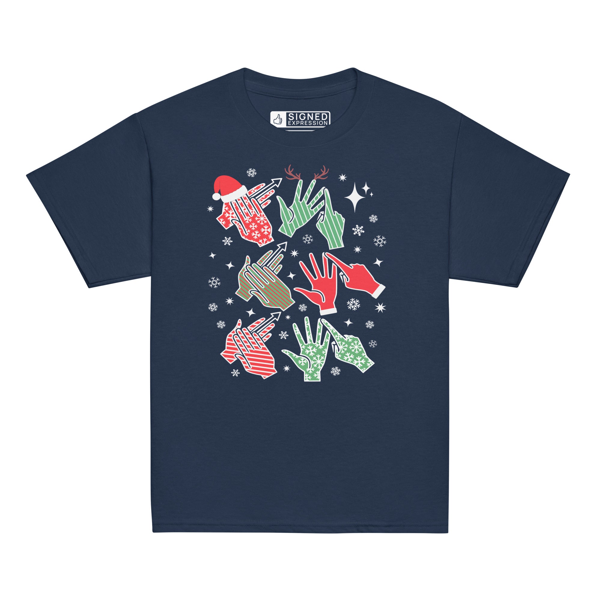Navy coloured Merry Christmas sweatshirt saying HO HO HO in BSL fingerspelling.