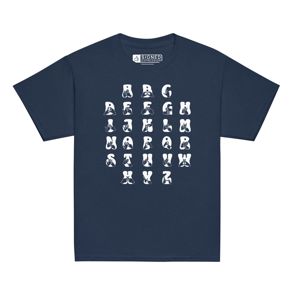 Front view of a navy t-shirt with BSL Alphabet - White Fingerspelling & Text