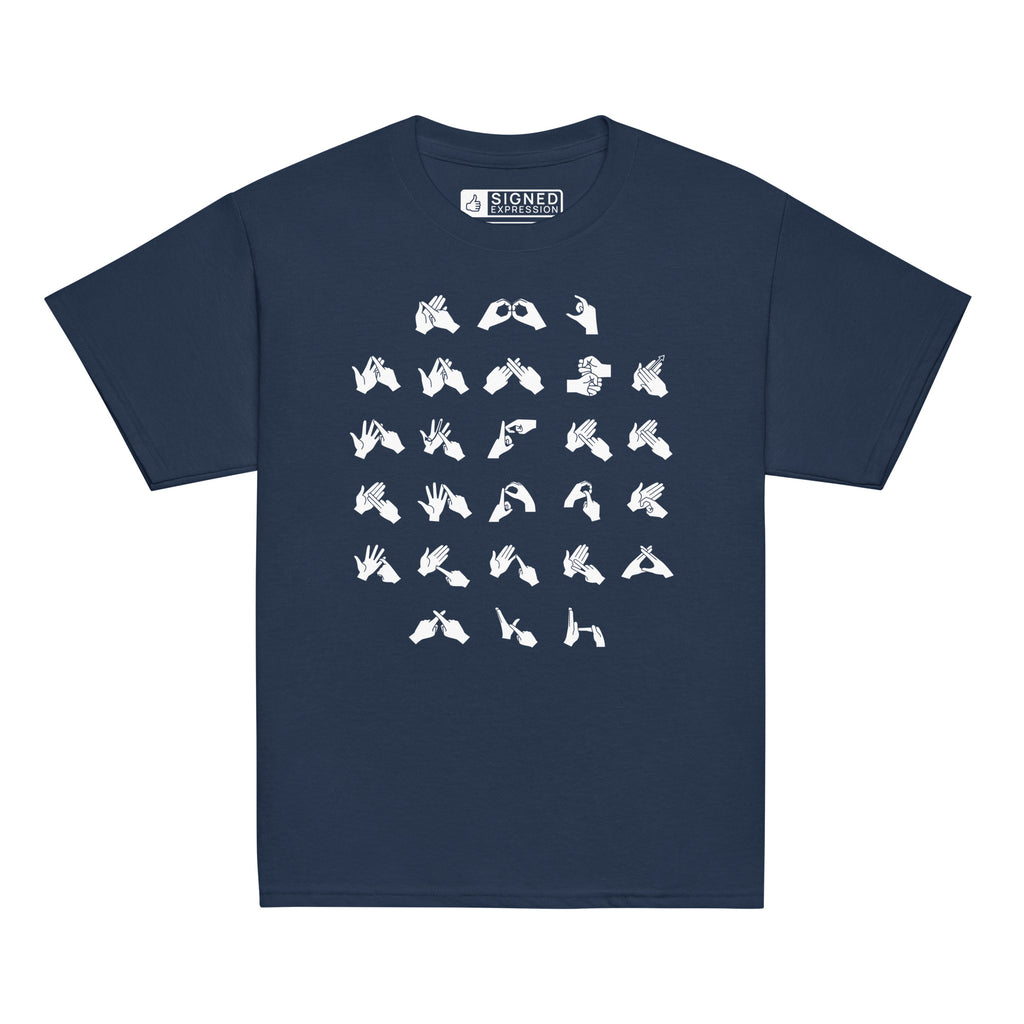 Front view of a navy t-shirt with BSL Alphabet - White Fingerspelling