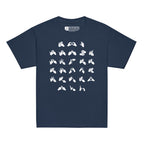 Front view of a navy t-shirt with BSL Alphabet - White Fingerspelling