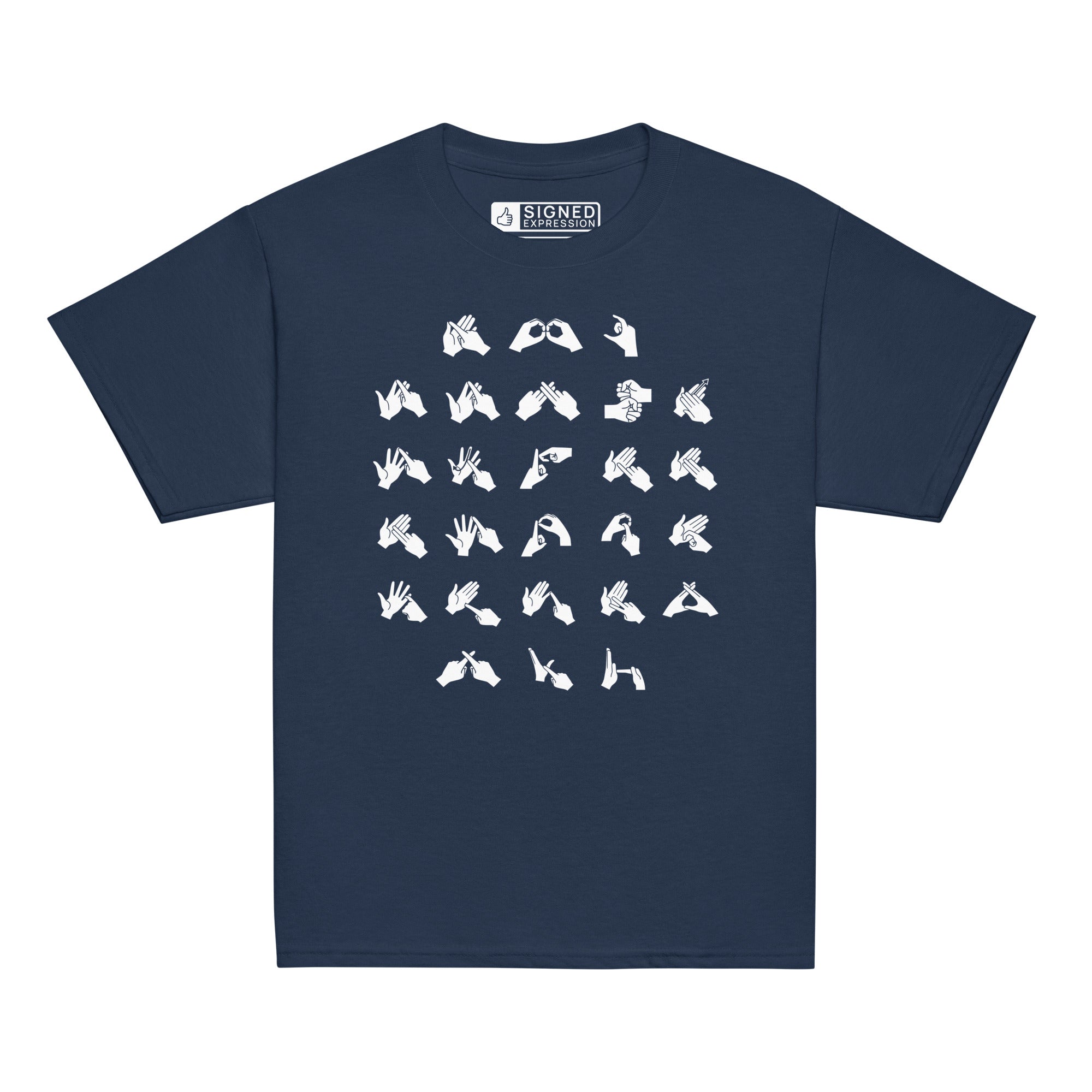 Front view of a navy t-shirt with BSL Alphabet - White Fingerspelling