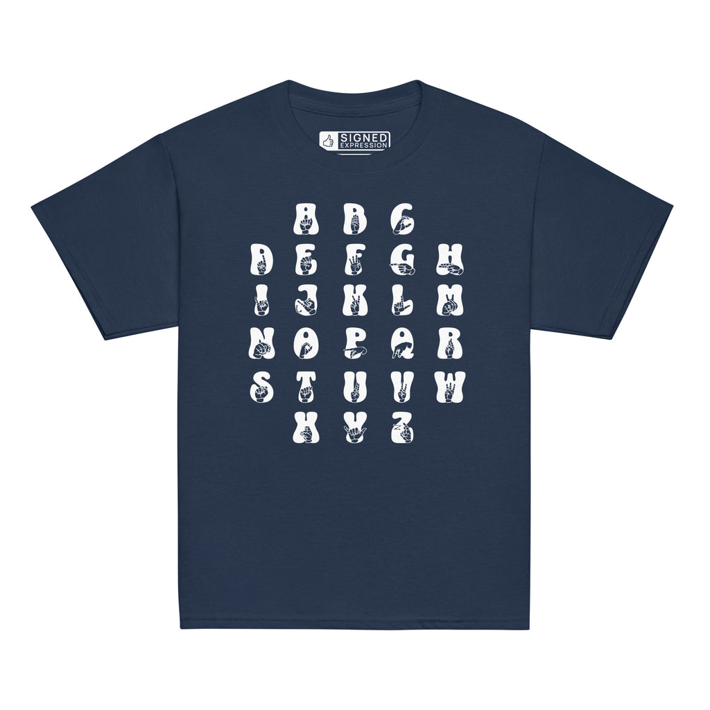 Front view of a navy t-shirt with ASL Alphabet - White Fingerspelling & Text