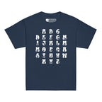 Front view of a navy t-shirt with ASL Alphabet - White Fingerspelling & Text