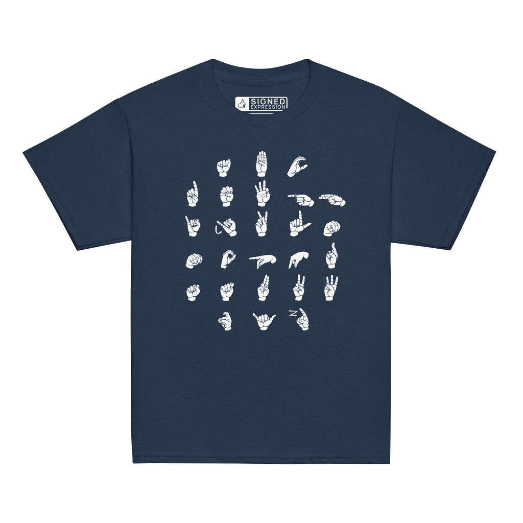 Front view of a navy t-shirt with ASL Alphabet - White Fingerspelling