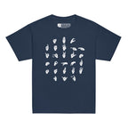 Front view of a navy t-shirt with ASL Alphabet - White Fingerspelling