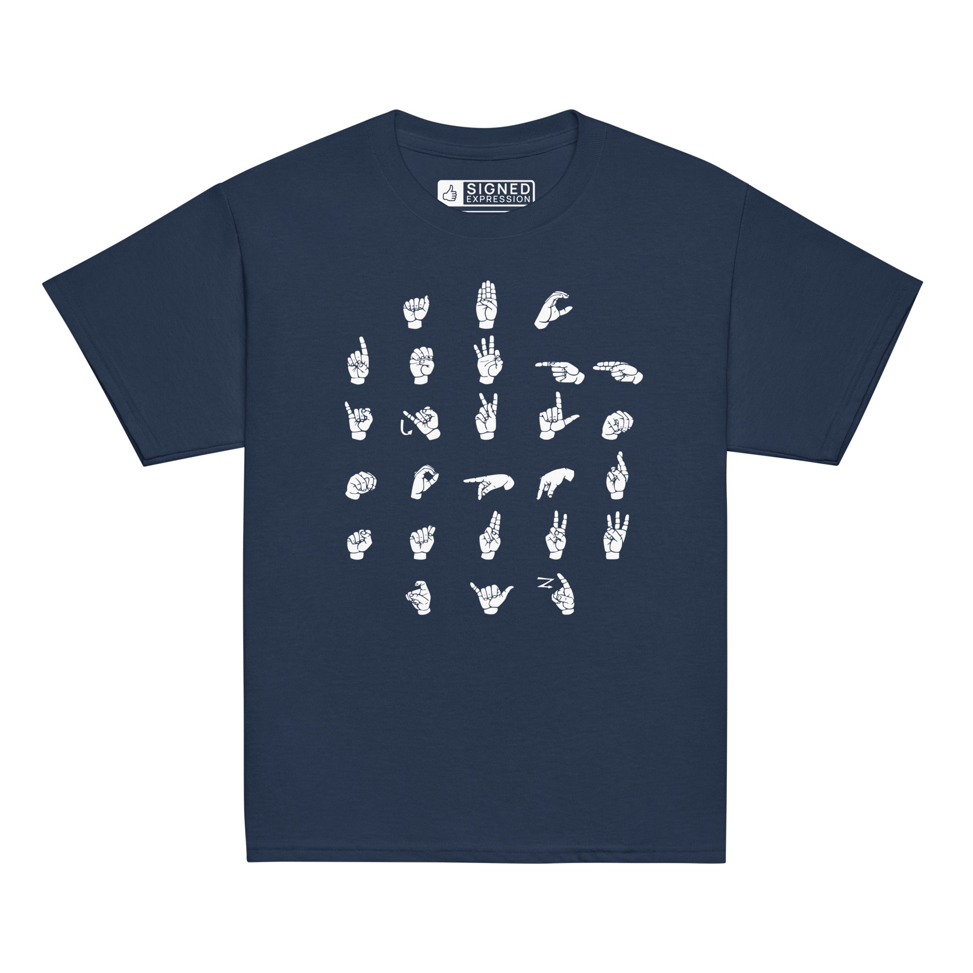 Front view of a navy t-shirt with ASL Alphabet - White Fingerspelling