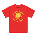 Red kids' t-shirt with a cheerful sunshine character and the phrase "summer vibes" in bold BSL fingerspelling handshapes, in a lightly textured style.
