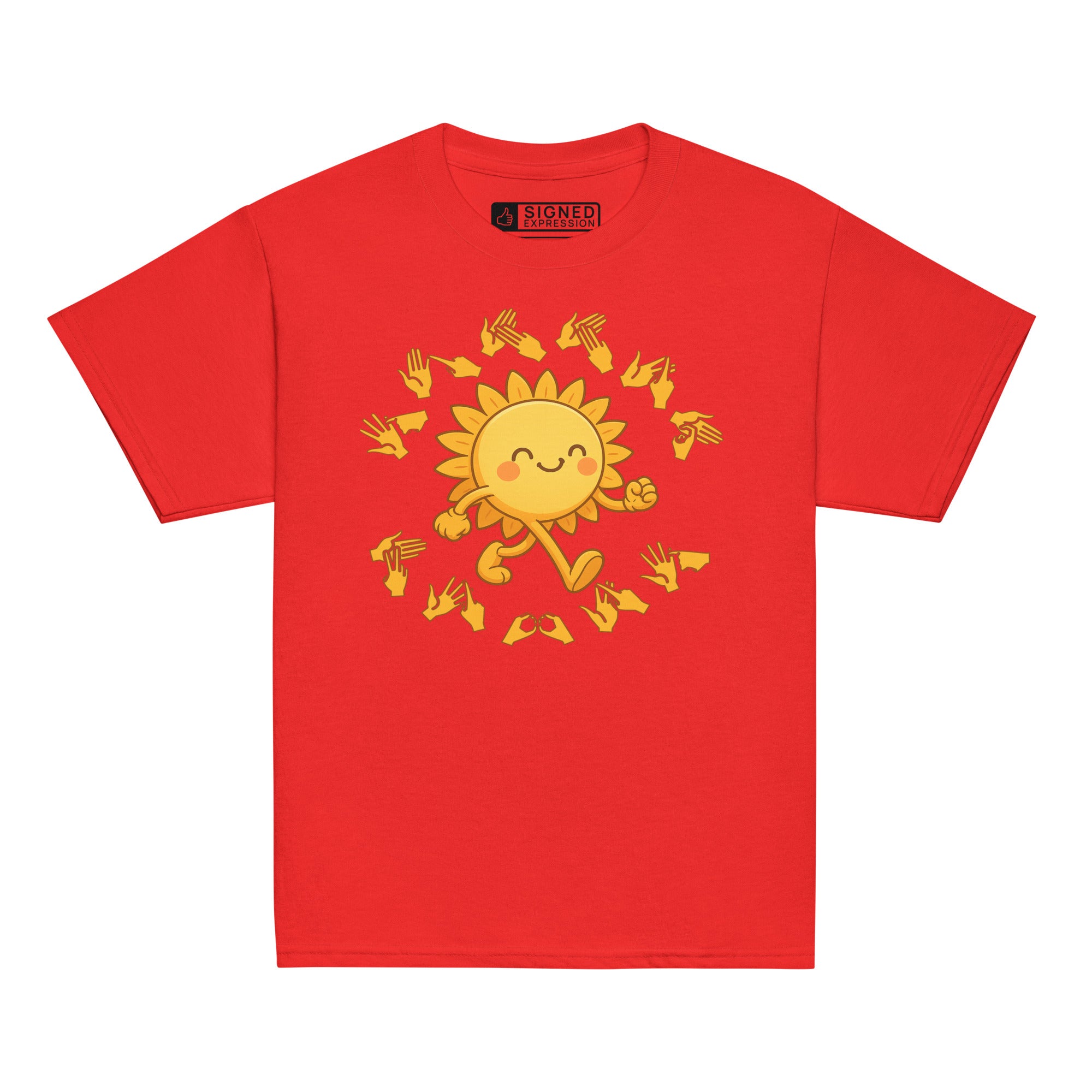 Red kids' t-shirt with a cheerful sunshine character and the phrase "summer vibes" in bold BSL fingerspelling handshapes, in a lightly textured style.