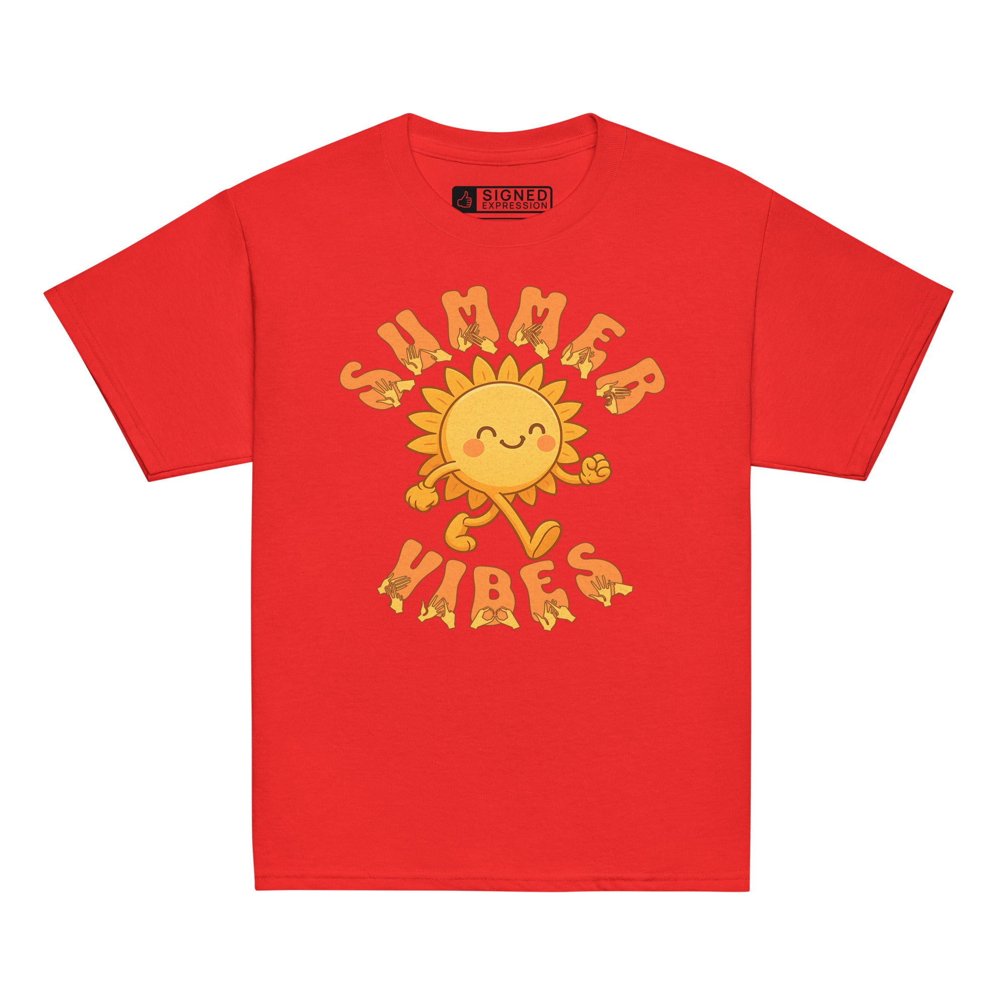 Red kids’ t-shirt with a smiling cartoon sunshine and the phrase “summer vibes” in bold textured font, each letter showing British Sign Language fingerspelling underneath.