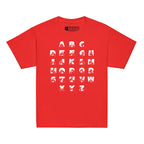 Front view of a red t-shirt with BSL Alphabet - White Fingerspelling & Text