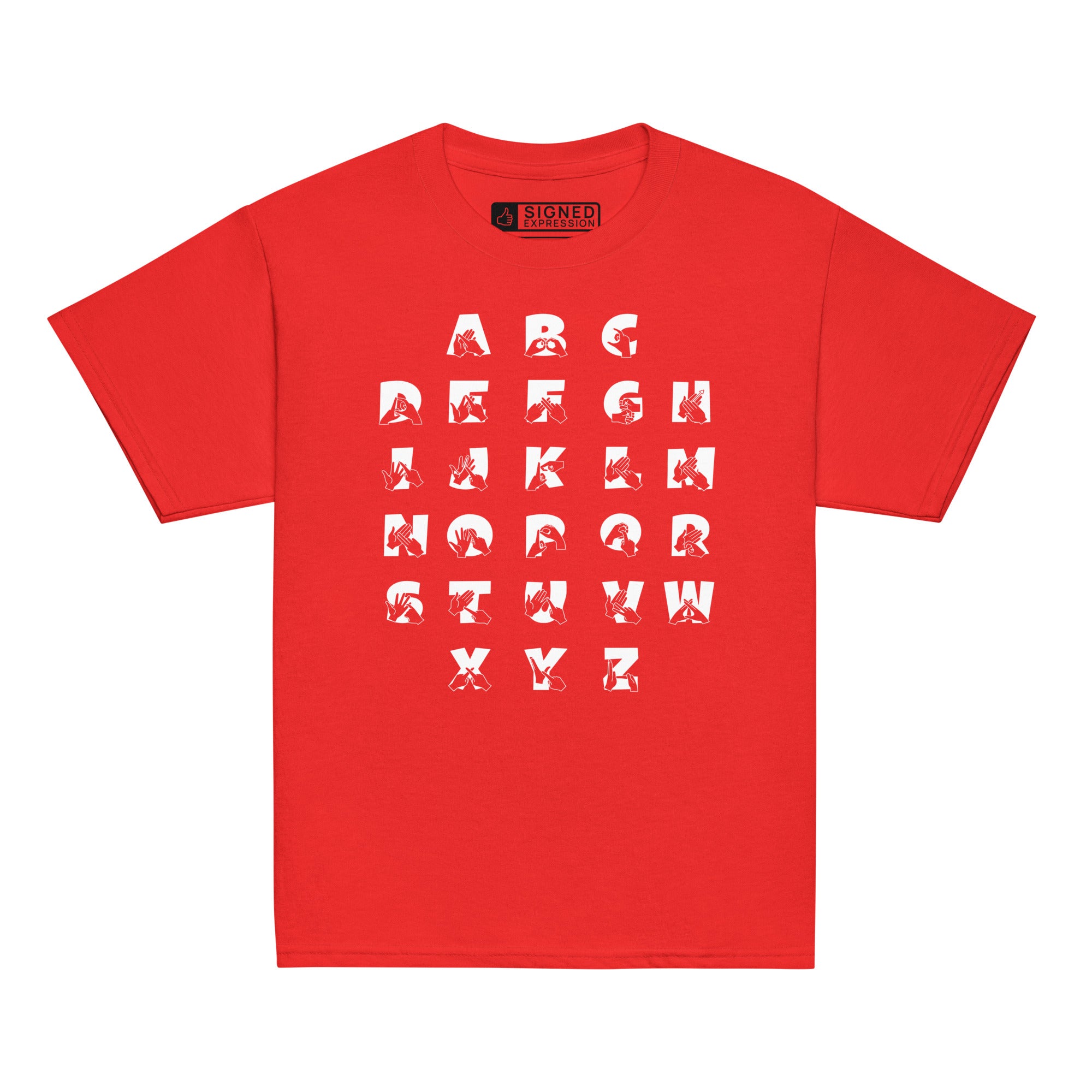 Front view of a red t-shirt with BSL Alphabet - White Fingerspelling & Text
