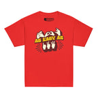 Red T-Shirt with ‘ABC As Easy As 123’ in BSL fingerspelling and text characters