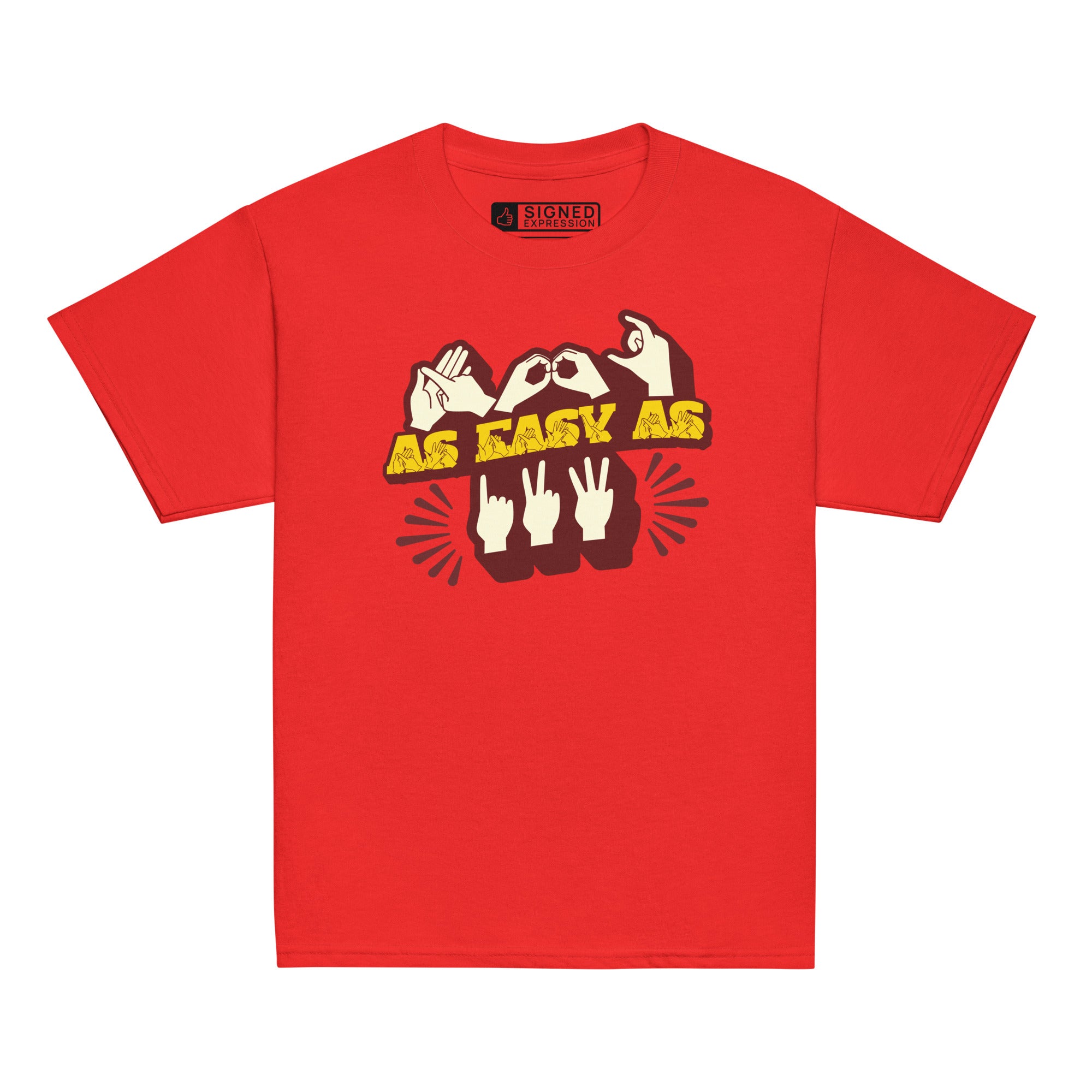 Red T-Shirt with ‘ABC As Easy As 123’ in BSL fingerspelling and text characters