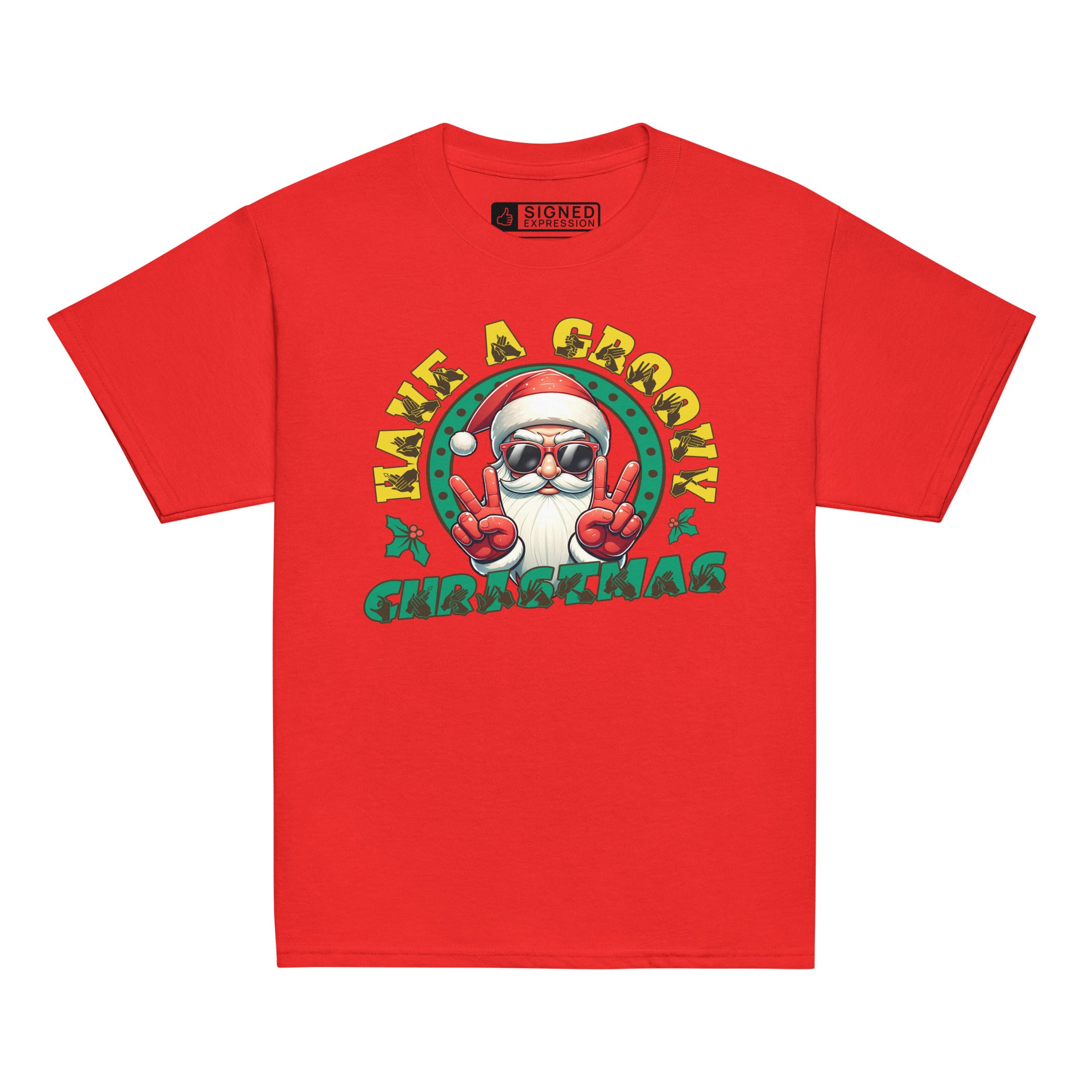 Red coloured Have A Groovy Christmas kids t-shirt with BSL design.