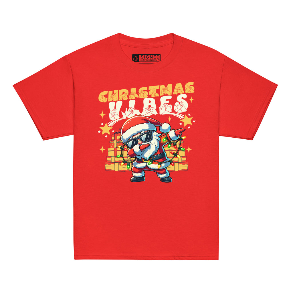 Red coloured Christmas Vibes kids t-shirt with BSL design.