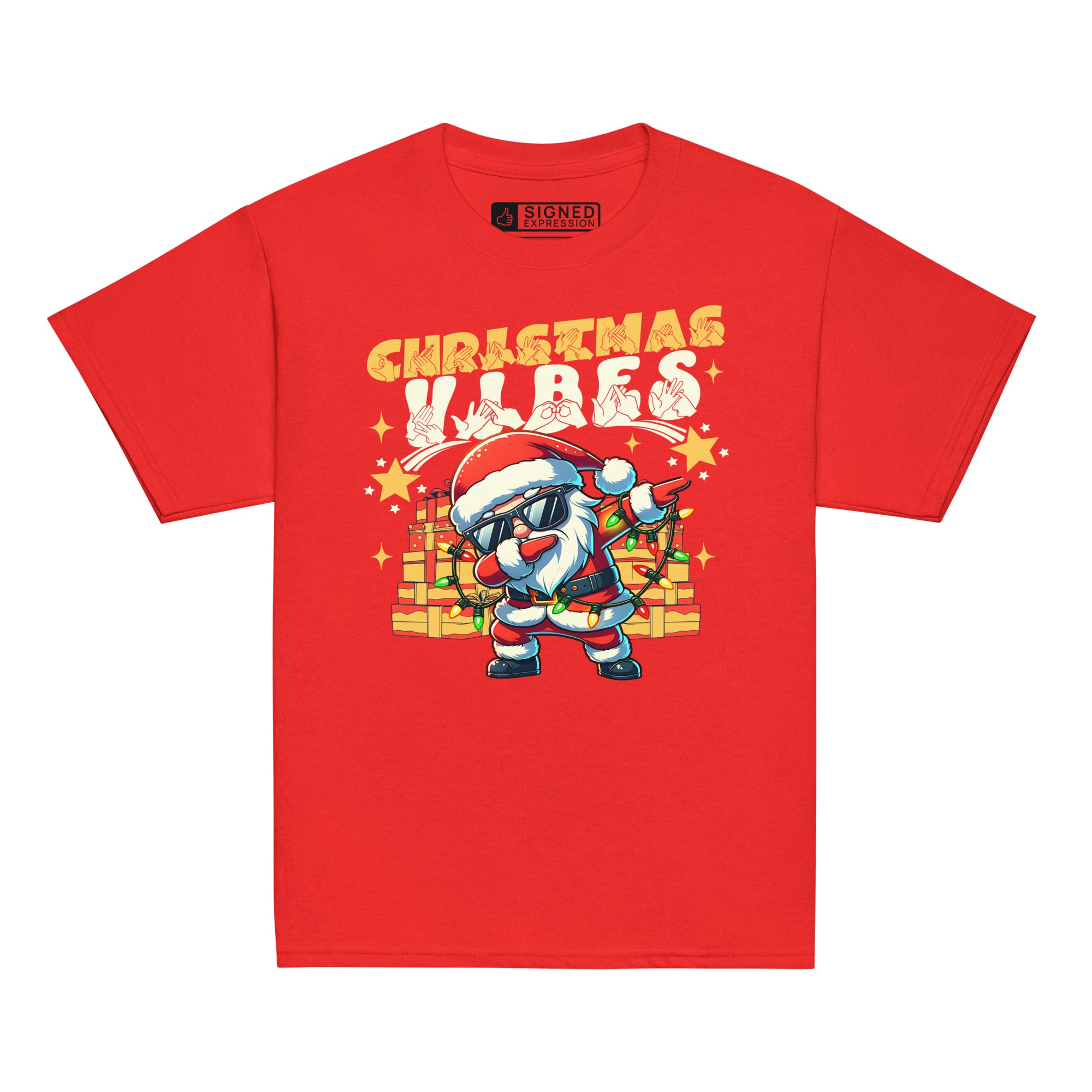 Red coloured Christmas Vibes kids t-shirt with BSL design.