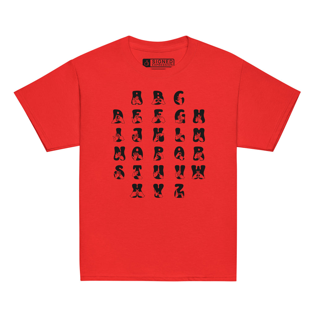 Front view of a red t-shirt with BSL Alphabet - Black Fingerspelling & Text