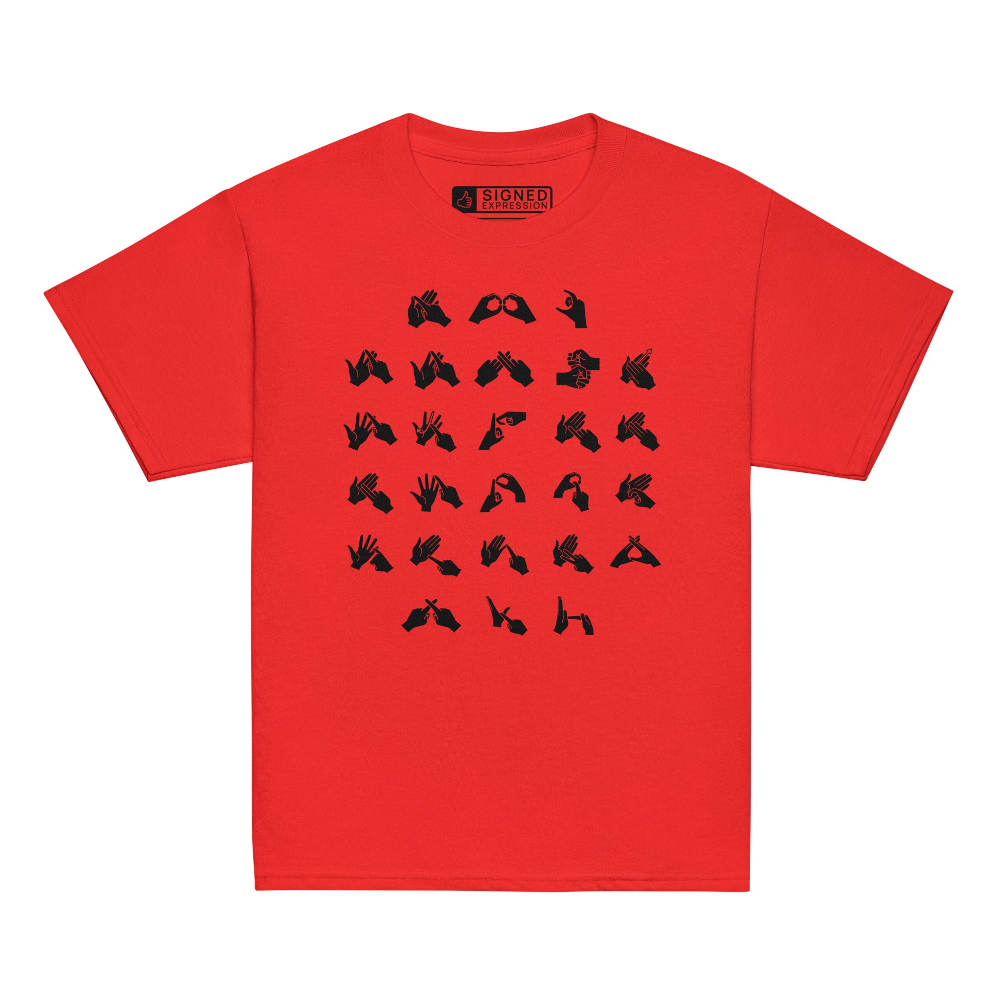 Front view of a red t-shirt with BSL Alphabet - Black Fingerspelling