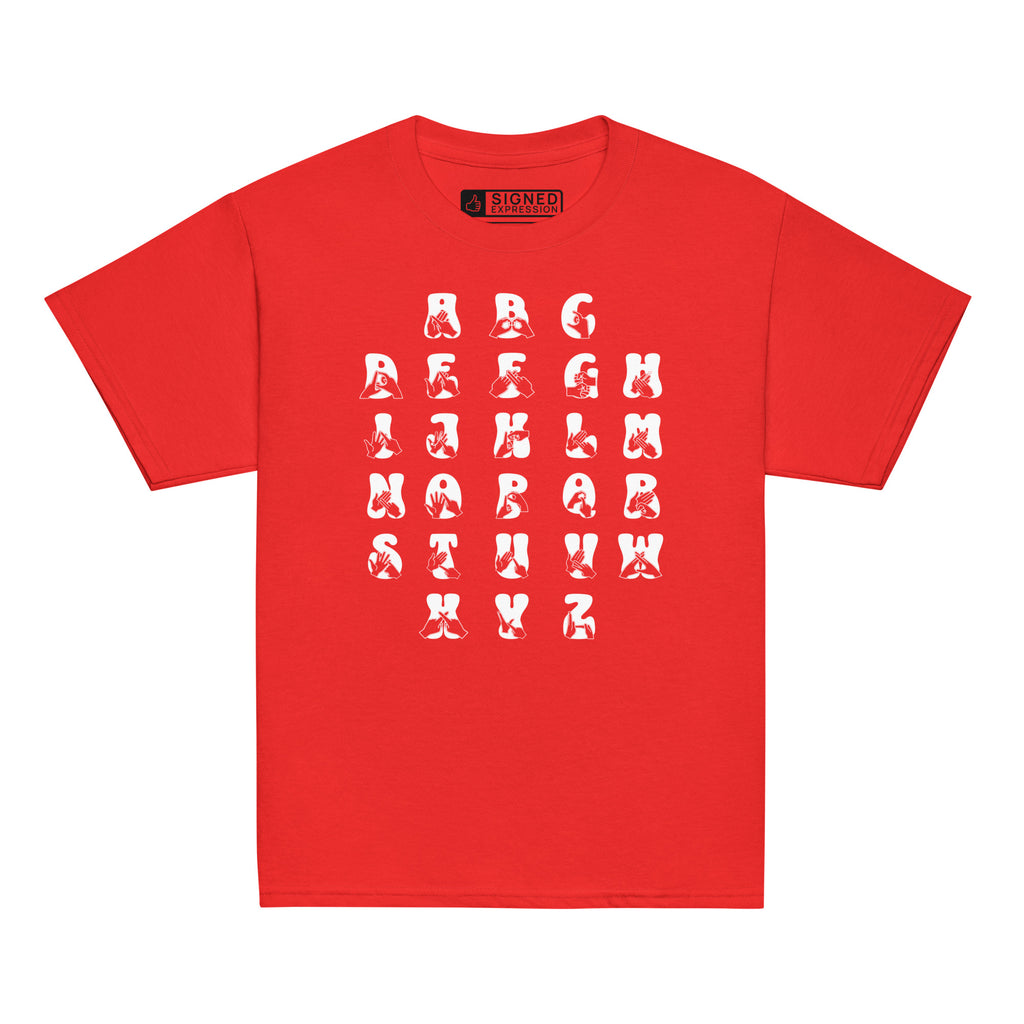 Front view of a red t-shirt with BSL Alphabet - White Fingerspelling & Text