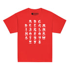 Front view of a red t-shirt with BSL Alphabet - White Fingerspelling & Text