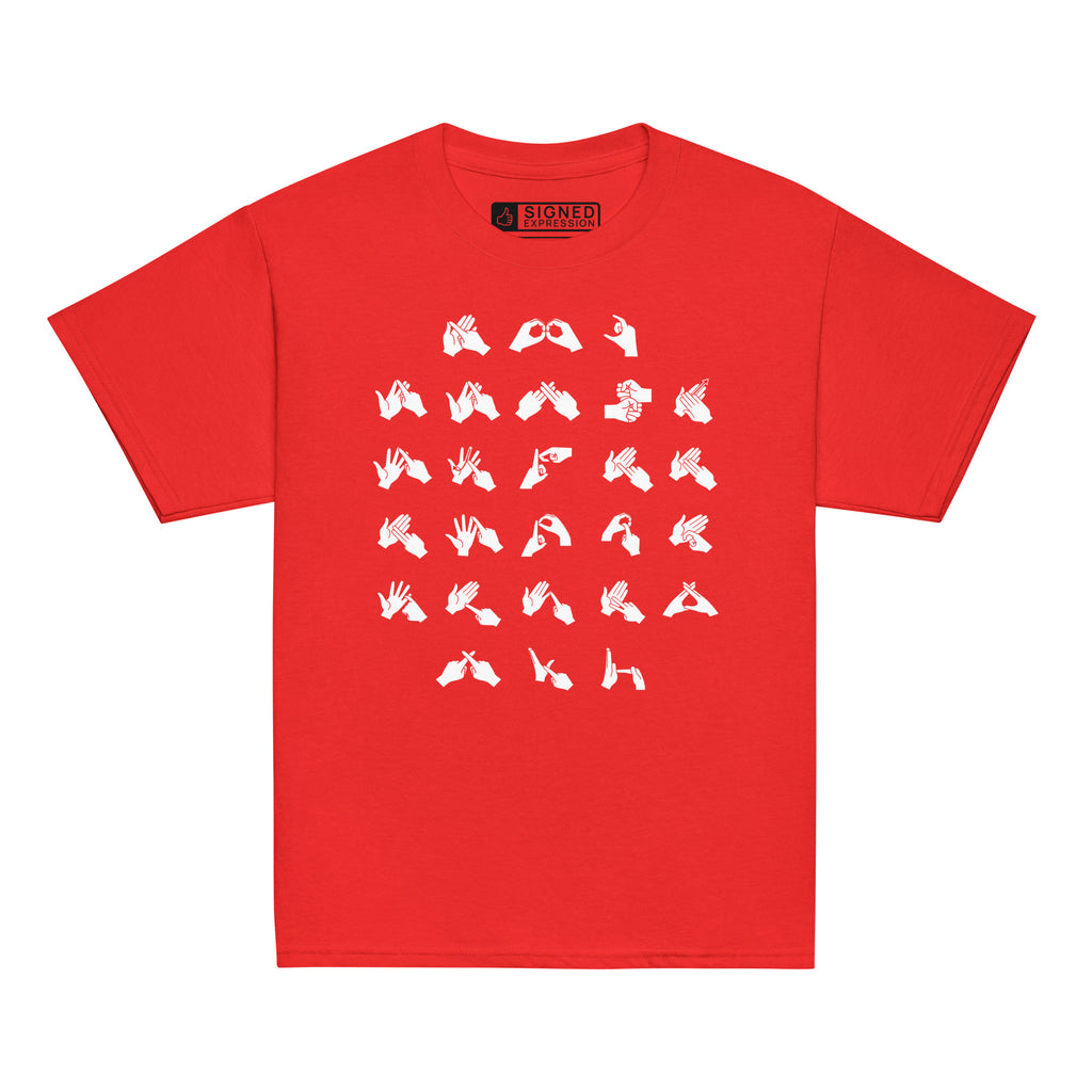 Front view of a red t-shirt with BSL Alphabet - White Fingerspelling
