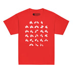 Front view of a red t-shirt with BSL Alphabet - White Fingerspelling