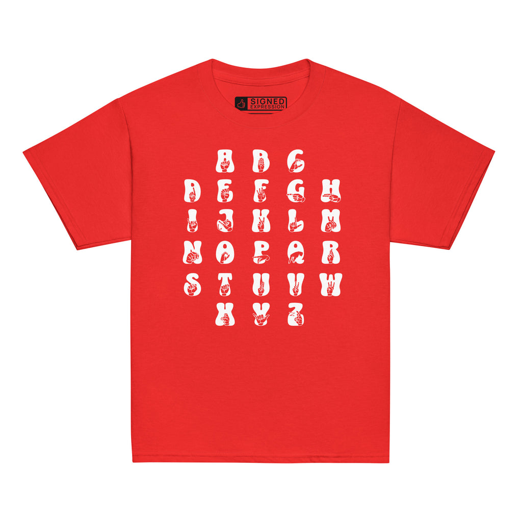 Front view of a red t-shirt with ASL Alphabet - White Fingerspelling & Text