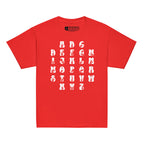 Front view of a red t-shirt with ASL Alphabet - White Fingerspelling & Text