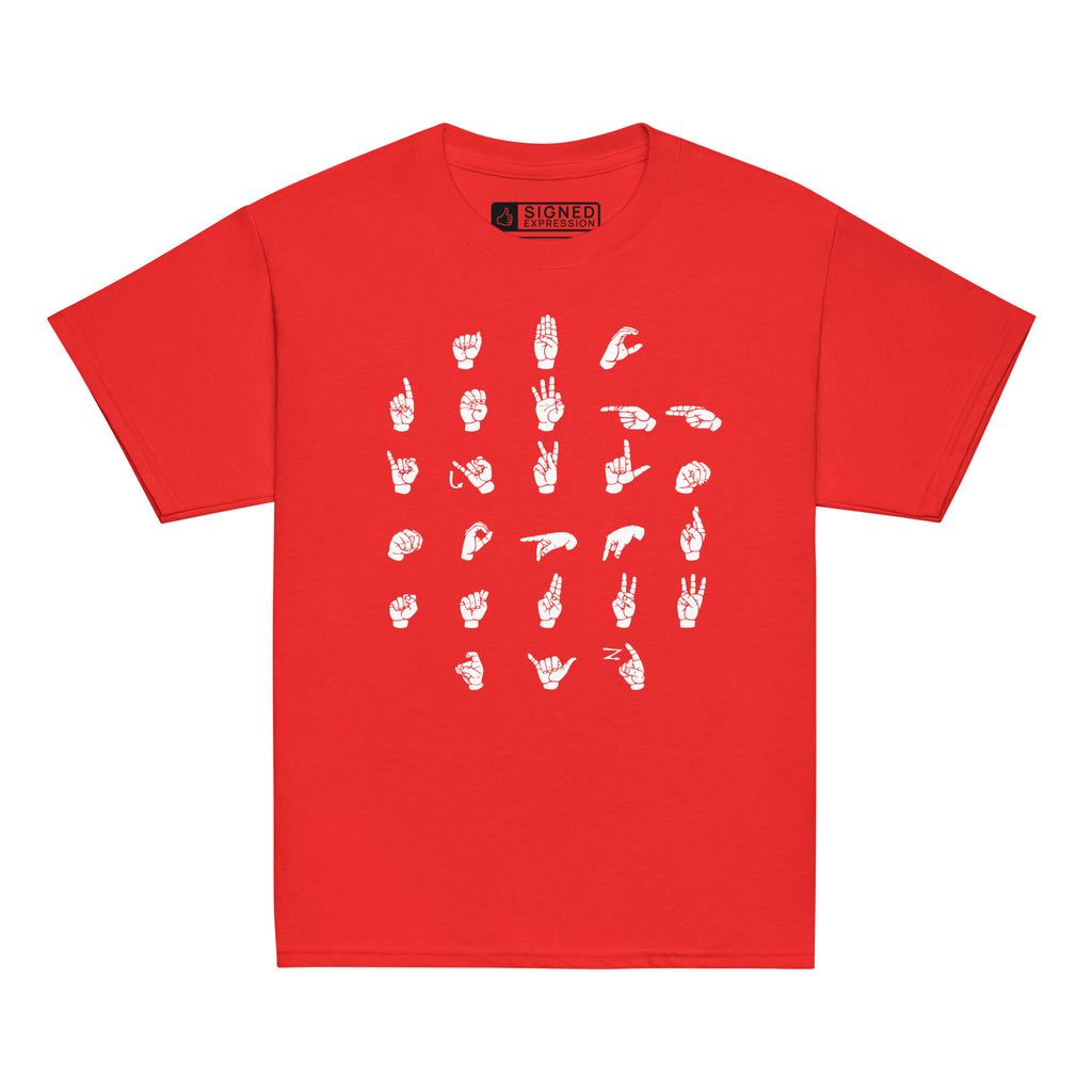 Front view of a red t-shirt with ASL Alphabet - White Fingerspelling
