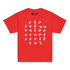Front view of a red t-shirt with ASL Alphabet - White Fingerspelling