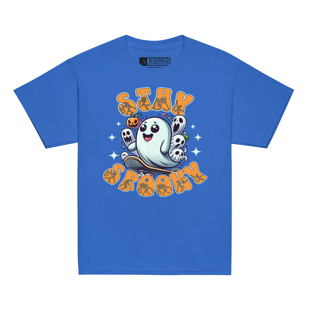 Royal coloured kids Halloween t-shirt with BSL design and skateboarding ghost.