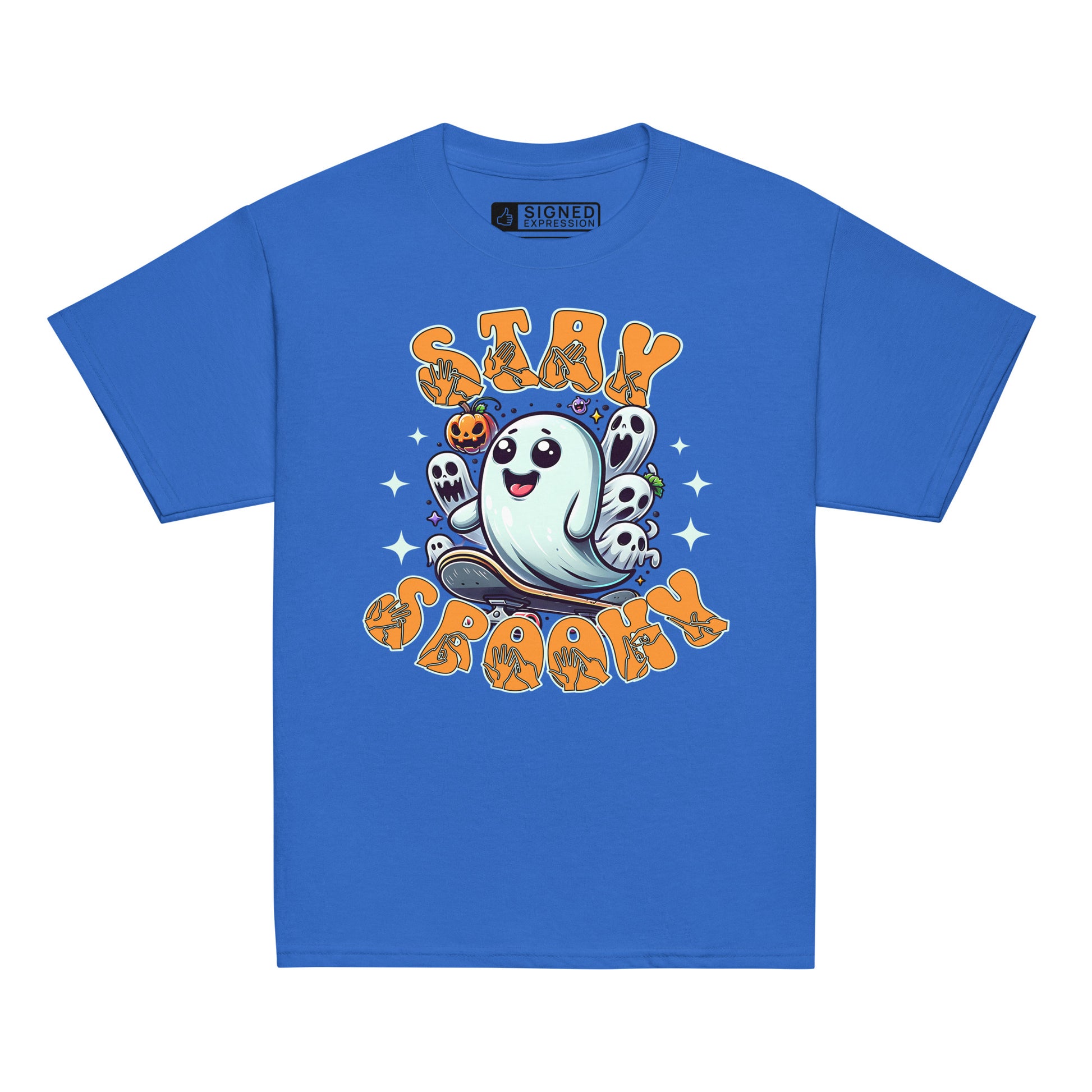 Royal coloured kids Halloween t-shirt with BSL design and skateboarding ghost.