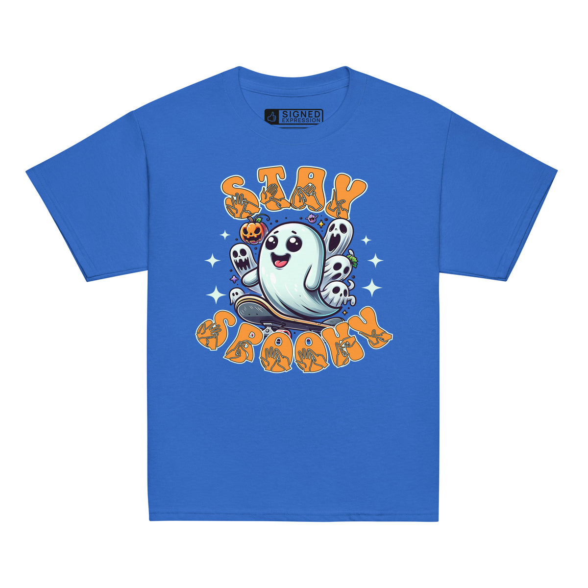 Royal coloured kids Halloween t-shirt with BSL design and skateboarding ghost.