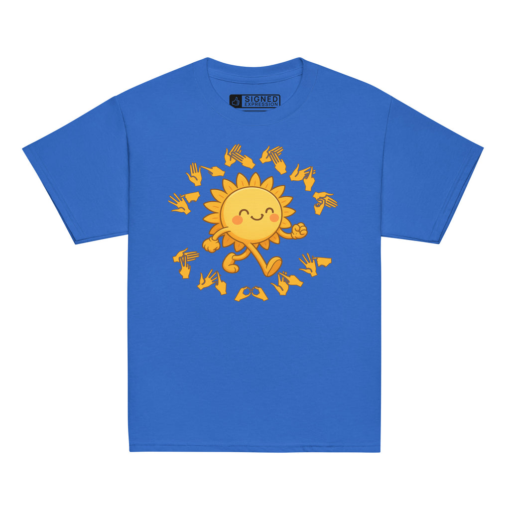 Royal kids' t-shirt with a cheerful sunshine character and the phrase "summer vibes" in bold BSL fingerspelling handshapes, in a lightly textured style.