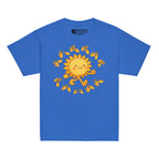 Royal kids' t-shirt with a cheerful sunshine character and the phrase "summer vibes" in bold BSL fingerspelling handshapes, in a lightly textured style.