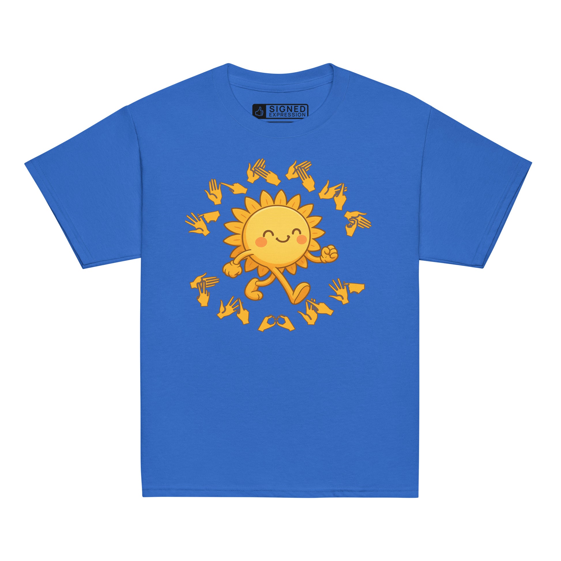 Royal kids' t-shirt with a cheerful sunshine character and the phrase "summer vibes" in bold BSL fingerspelling handshapes, in a lightly textured style.