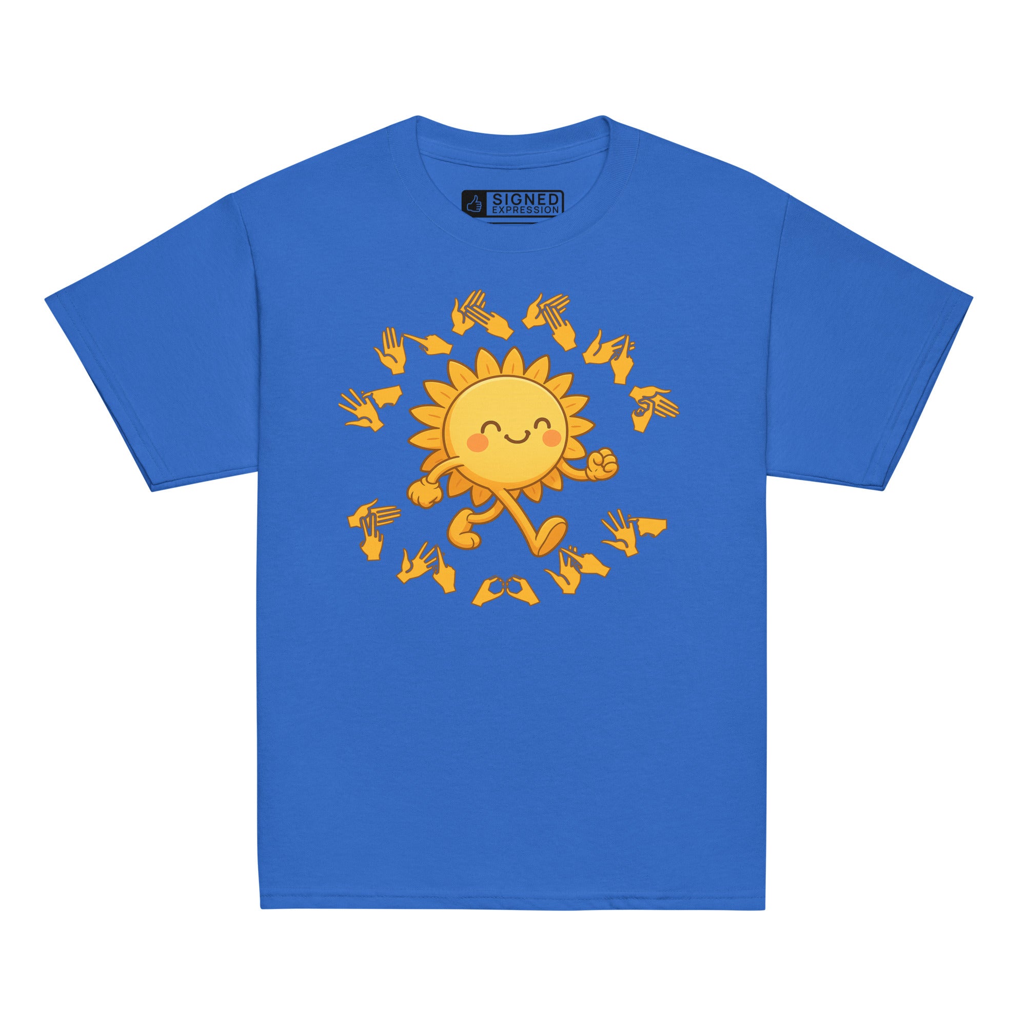 Royal kids' t-shirt with a cheerful sunshine character and the phrase "summer vibes" in bold BSL fingerspelling handshapes, in a lightly textured style.